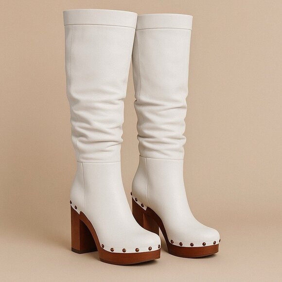 Jacquemus Les Bottes Sabots Hautes Over-the-Knee Boots White Leather Clog Heel U - Picture 2 of 14